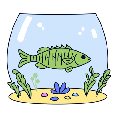 A tiny juvenile barramundi with shiny scales is swimming among green aquatic plants. The barramundi has a streamlined body and distinct dark stripes along its sides. Surrounding it are various delicate aquatic plants with long, flowing leaves and small clusters of colorful pebbles scattered across the sandy bottom. Sunlight filters through the water, creating gentle patterns on the surface above.