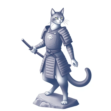 A fierce cat warrior standing tall. The cat is clad in intricate traditional samurai armor that fits its agile frame, featuring detailed patterns and metallic embellishments. The warrior holds a katana firmly in one paw, poised for action. The armor displays ornate designs on the chest plate and shoulder guards. The cat has an intense expression, with sharp eyes that convey determination. It stands on a rocky outcrop, with its back straight and head held high, ready to defend its honor.