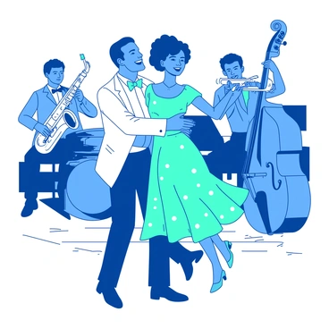 A blue couple is joyfully swing dancing together on a polished wooden dance floor. The man is wearing a sharp white suit with a teal bow tie, while the woman is dressed in a vibrant teal dress adorned with white polka dots. In the background, a lively jazz band is playing, with musicians holding a white saxophone, a teal trumpet, and a white upright bass. The couple's feet move gracefully in sync, and their smiles reflect the infectious energy of the music surrounding them.