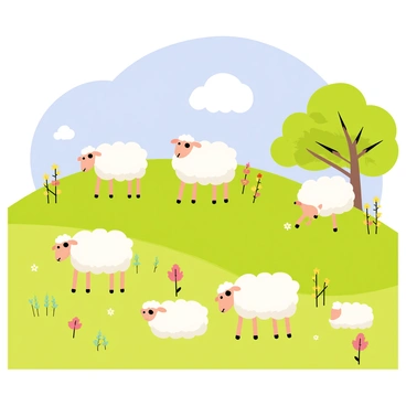 A flock of sheep with fluffy white wool grazing on a lush green hillside. The hillside is gently sloping, covered in vibrant grass and dotted with colorful wildflowers. A few trees with broad canopies provide shade in the background. The sky above is a clear blue with a few soft white clouds drifting by. Some of the sheep are nibbling on the grass while others are lying down, enjoying the sunny weather.