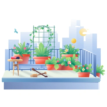 A rooftop garden filled with lush green plants and vibrant flowers is situated on top of a tall city building. Various herbs like basil and rosemary are growing in neatly arranged pots. A small trellis supports climbing vines with colorful blooms reaching towards the sun. Birds can be seen perched on the railing, and butterflies flutter among the flowers. In the background, the skyline of the city is visible, with tall buildings under a clear blue sky. A wooden table with a few garden tools rests at one corner of the rooftop, emphasizing the nurturing aspect of this urban oasis.