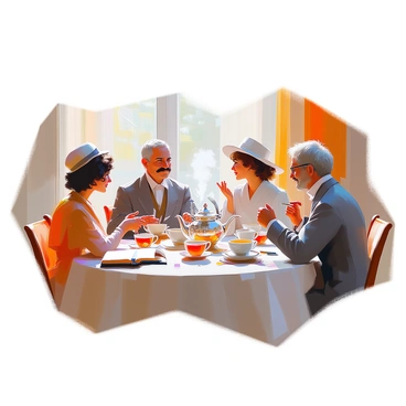 An illustration of famous literary figures from the period having tea at a round table, discussing their works.