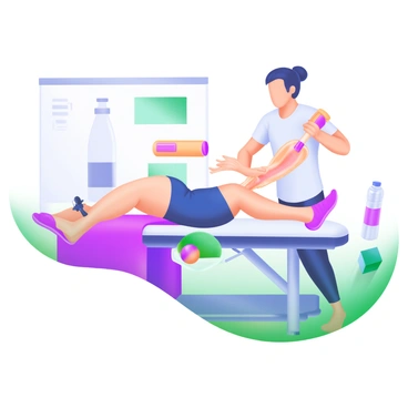 A visual demonstration featuring a close-up of a runner's leg, specifically the calf muscle. The athlete is lying on a massage table, with a therapist applying different sports massage techniques. One hand is shown kneading the muscle, while the other hand demonstrates a technique involving deep pressure. Various tools used in sports massage, such as a foam roller and massage balls, are placed nearby. The background includes subtle hints of a gym environment, like exercise mats and a water bottle, to enhance the context of sports recovery.