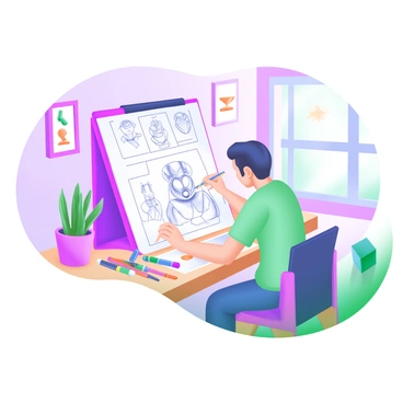 A modern pastel illustration depicting an artist sitting at a wooden table, focused on sketching a new character design on a large sheet of paper. The artist has a pencil in hand, with an open sketchbook filled with various character concepts scattered nearby. Colorful markers and paintbrushes are arranged neatly next to a small potted plant on the table. The background features a soft pastel wall adorned with framed art pieces and a cozy window allowing natural light to illuminate the scene.