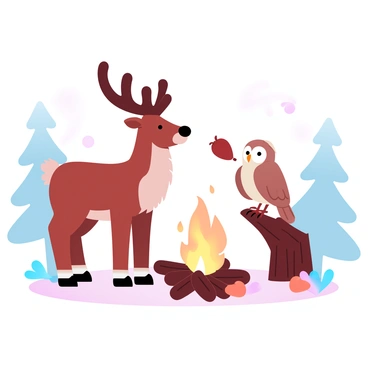 A reindeer standing beside a campfire is sharing acorns with an owl perched on a nearby log. The reindeer has a thick, brown coat with large antlers, and it is looking gently towards the owl. The owl, with soft feathers in shades of brown and cream, is holding an acorn in its talons. The campfire is crackling, casting warm, flickering light that illuminates the surrounding area. A few scattered acorns are visible on the ground around them, and there are silhouettes of evergreen trees in the background.