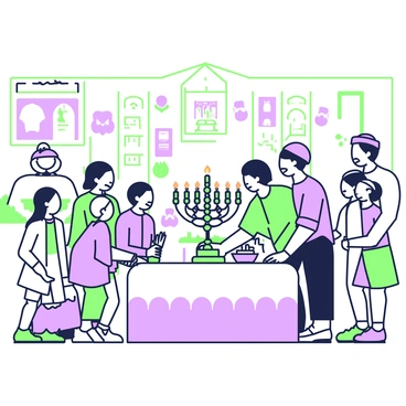 Families lighting menorahs in a synagogue hall during Hanukkah