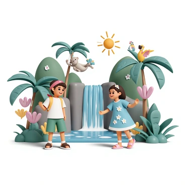 A vibrant scene featuring a group of characters in a lively jungle setting. There are two young adventurers, a boy wearing a red bandana, green shorts, and brown sandals, and a girl wearing a blue dress with white flowers and pink flip-flops. They are surrounded by colorful tropical plants and flowers. Near them, a large, playful monkey is swinging from a branch, while a colorful parrot flies overhead. In the background, a sparkling waterfall cascades down rocks, and the sun shines brightly through the leaves, creating a cheerful atmosphere.