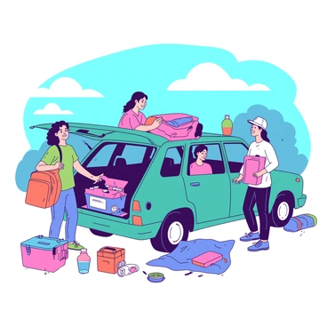 A group of friends packing a car for a summer road trip, surrounded by luggage and snacks