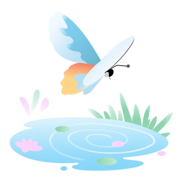 A butterfly with vibrant, multicolored wings is in mid-flap above a serene pond. The wings are delicately patterned with various shades of blue, orange, and yellow. Below the butterfly, gentle ripples form on the surface of the water, creating a series of concentric circles. Small lily pads are floating on the pond, and soft green reeds are swaying gently in the breeze along the edges. The scene captures the tranquil interaction between the butterfly and the water.