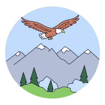 An eagle with a large wingspan, feathers in shades of brown and white, is soaring high above a range of rugged mountains. The mountains are depicted in varying shades of grey and green, with jagged peaks that reach towards a clear blue sky. Below the eagle, there are patches of trees and rocky slopes visible. The overall composition conveys a sense of freedom and strength.
