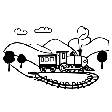 A steam-powered train with intricate gears and pipes chugging along a winding track through the countryside. The train emits puffs of steam from its smokestack, and its body showcases detailed mechanical components. Lush rolling hills and a few trees frame the scene, while fluffy clouds drift across the sky above the train. The track curves gently, leading the train toward the horizon, where the landscape meets the distant outline of mountains.