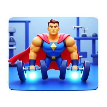 A superhero character with a muscular build is performing skull crushers. The character is wearing a sleek, form-fitting costume with vibrant colors and a cape fluttering in the air. The dumbbells being used are glowing with a bright neon light, illuminating the surroundings. The superhero is focused and determined, and their expression shows strength and concentration. The background features a gym setting with various workout equipment, enhancing the athletic theme.
