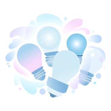 A variety of light bulbs in different shapes and sizes are clustered together. Each bulb has a unique design, showcasing different colors and patterns, such as stripes, polka dots, and solid colors. The bulbs are illuminated, casting soft hues of light in a gradient of pastel colors around them. Some bulbs are traditional, while others have modern, artistic shapes. A faint glow emanates from the bulbs, symbolizing the fusion of different ideas. The background is a smooth blend of pastel tones that complements the colors of the bulbs.