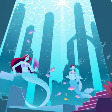 An ancient, submerged city with towering crumbling structures covered in coral and seaweed. Glimmering beams of sunlight penetrate the clear blue water, illuminating the ruins. Several mermaids with shimmering scales, long flowing hair, and elegant tails are gracefully swimming among the columns and arches. The mermaids are interacting with schools of colorful fish, and some are resting on a broken statue or atop a submerged staircase, showcasing their intricate jewelry made of shells and pearls. The atmosphere is whimsical, filled with the vibrant colors of aquatic life and the serene beauty of an underwater world.