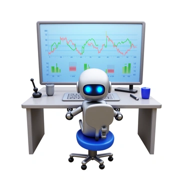 A robotic figure with a sleek metallic exterior sitting at a modern desk. The robot has articulated limbs and glowing blue eyes. On the desk, there is a large screen displaying stock charts and graphs. Multiple graphs show fluctuating lines in green and red, indicating market trends. The robot has its hands positioned over a keyboard, suggesting it is actively trading stocks. The workspace is well-lit with a few gadgets and devices scattered around, enhancing the high-tech environment.