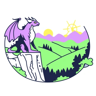 A Balrog overlooking a peaceful valley as the sun sets behind the hills