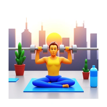A vibrant city rooftop scene featuring a person performing a dumbbell chest press. The individual is positioned on a yoga mat, wearing athletic clothing. The skyline of the city is visible in the background, with tall buildings and antennas reaching towards the sky. The sun is rising, casting a warm golden light that illuminates the scene. The person's expression shows determination and focus, while the dumbbells are raised above their chest. There are potted plants and a water bottle nearby, adding elements of fitness and wellness to the atmosphere.