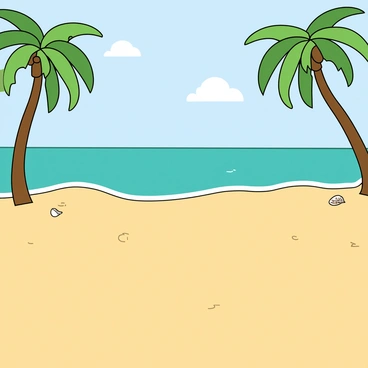 A wide sandy beach with soft, golden sand stretching across the foreground. The water is a vibrant turquoise color, gently lapping against the shore. In the background, several tall palm trees with green fronds are swaying slightly, their trunks curved in the breeze. A few seashells can be seen scattered across the sand, and small waves create a frothy edge as they touch the beach. The sky is clear with a few fluffy white clouds floating above.