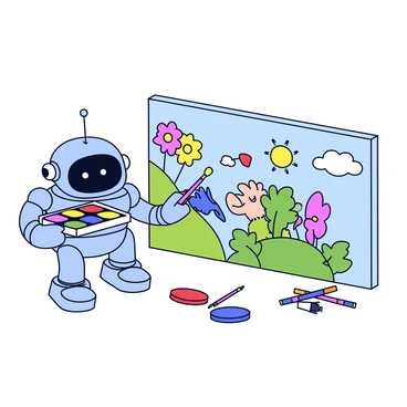 A friendly robot painting with colors that come from an illustration box, creating a vibrant mural.