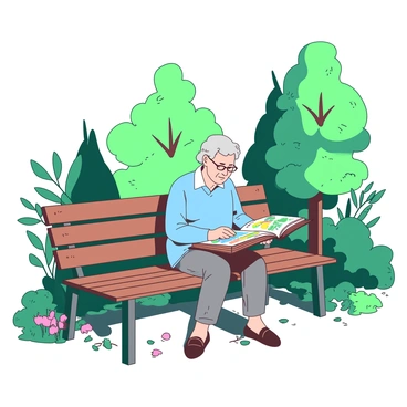 An elderly person with gray hair and glasses is sitting on a brown park bench, engrossed in an illustrated book. The book is opened, showcasing colorful pictures and text. The elderly person is wearing a light blue sweater and gray pants. Surrounding the bench, there are various shades of green foliage, including tall trees and shrubs. Sunlight filters through the leaves, casting dappled shadows on the ground. A few colorful flowers are blooming nearby, adding to the vibrant atmosphere.