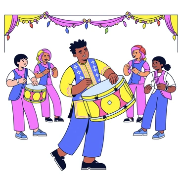 A musician is playing a traditional Bengali dhol drum at a wedding. The musician is wearing a colorful kurta with intricate patterns and a matching dhoti. The dhol drum is large and has a beautifully crafted body with bright decorative elements. The wedding setting includes colorful decorations, such as flower garlands and vibrant fabric drapes. Guests in the background are dressed in traditional attire, enjoying the lively atmosphere.