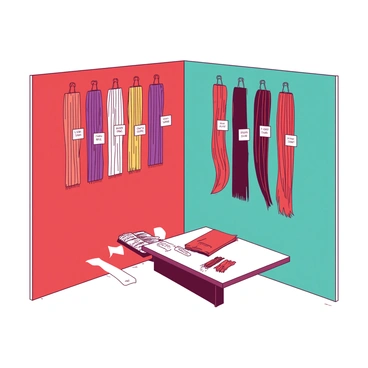 A booth dedicated to hair extensions features a variety of extensions arranged neatly in two distinct rows. The extensions come in multiple colors, including vibrant hues and natural shades. Each extension has a clear label showing its length and color. The backdrop of the booth is divided into a striking red section on one side and a calming teal section on the other. A small display table in front holds several sample extensions for customers to touch and feel. The overall setup is inviting and showcases the diversity of hair extensions.