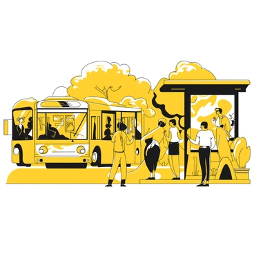 A lively bus stop filled with people waiting. The bus stop shelter features vibrant graffiti on its walls, showcasing various designs and patterns. An electric bus approaches the stop with its doors open, inviting passengers to board. Around the bus stop, people of different ages and backgrounds are engaged in conversations, some checking their phones and others looking eagerly at the arriving bus. The surrounding area includes greenery with trees and plants, adding to the lively atmosphere.