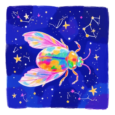 A scarab beetle with a shiny green body and intricate golden patterns on its back is flying through a night sky. The sky is filled with twinkling stars, and several distinct constellations are visible, outlined by bright stars. The beetle's wings are spread wide, showcasing their translucent texture. The dark blue background of the sky contrasts with the beetle's vibrant colors, creating a striking visual effect.