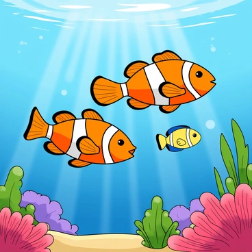 A vibrant family of tropical fish is swimming together in clear blue water. The parents are a pair of bright orange clownfish, with white stripes running along their bodies. They are happily gliding alongside a small, cheerful baby fish, which is a tiny yellow and blue damselfish. Colorful coral reefs and lush aquatic plants surround them, creating a lively underwater scene. The sunlight filters through the water, casting shimmering reflections on the fish and their environment.
