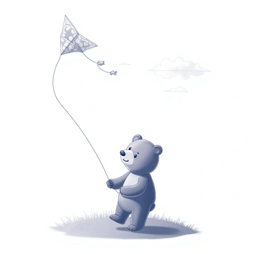 A bear standing on a grassy hill, holding a long string attached to a kite. The kite is shaped like a butterfly, featuring intricate wing patterns. The bear's fur is textured and fluffy, with its eyes focused on the kite soaring high in the sky. The wind is visibly strong, causing the bear's ears to flutter and the kite to soar gracefully above. In the background, there are a few scattered clouds moving rapidly, adding to the sense of a windy day.
