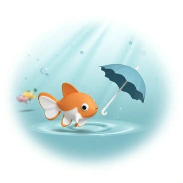 A small, vibrant orange and white fish holds a tiny blue umbrella in its fin. The fish swims gracefully through clear turquoise water, droplets of rain falling from above, creating ripples around it. Other colorful fish can be seen in the background, while soft rays of sunlight filter through the water, illuminating the scene. The fish looks curiously at the umbrella, which adds a playful touch to the underwater environment.