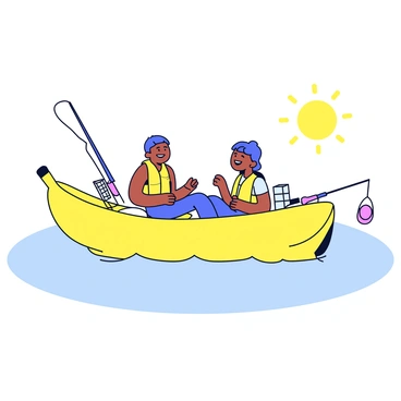 A bright yellow banana boat is floating on the water, with several fishing rods secured in holders along the sides. The boat has a smooth, rounded shape, and there are tackle boxes placed neatly inside. Two people are sitting on the boat, wearing life jackets, and they are laughing as they prepare their fishing gear. Sunlight glints off the water’s surface, creating a cheerful atmosphere for the fishing trip.