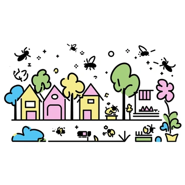 A bustling village, populated by small black flies, buzzing around. Tiny houses made of leaves and twigs line the narrow paths, with intricate details like doors and windows. Small shops, constructed from colorful flower petals, display miniature goods. Flies are seen interacting, some carrying tiny objects, while others are gathered around small tables outdoors. The scene is vibrant with greenery, as small plants and flowers surround the village, creating a lively atmosphere.