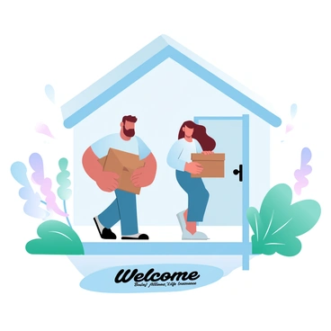 A couple is carrying boxes into a new house. The man is holding a cardboard box and the woman has a smaller box under her arm. They are standing at the entrance, where a "Welcome" mat is placed, inscribed with the text "Bajaj Allianz Life Insurance." The house has a light-colored facade, with a garden featuring green plants and flowers in the foreground.