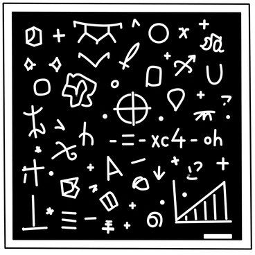 A large black chalkboard is filled with white chalk doodles and mathematical formulas. The doodles include various shapes, arrows, and whimsical characters, creating a lively atmosphere. Among the doodles, there are intricate geometric patterns and symbols. The mathematical formulas are neatly written, showcasing equations and graphs. The overall composition emphasizes the creativity and complexity found on the chalkboard.