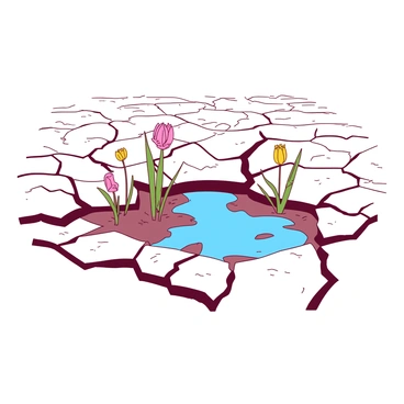 A cracked, dry landscape stretches across the scene, with parched earth forming a web of fissures under the harsh light. In the center, there is a small puddle of water reflecting the blue sky above. Surrounding the puddle are several wilting plants, their leaves drooping and colors fading. The vegetation appears fragile, clinging to life amidst the arid conditions. The stark contrast between the vibrant water and the desolate terrain creates a striking focal point.
