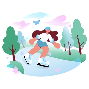 A girl is roller skating along a smooth path. She is wearing bright, colorful knee pads and a matching helmet. The path is surrounded by lush green trees and vibrant flowers in various colors. The girl has long flowing hair trailing behind her as she glides smoothly. A few colorful butterflies flutter nearby, adding life to the scene. The sky above is a gradient pastel color, transitioning from soft pink to light blue.