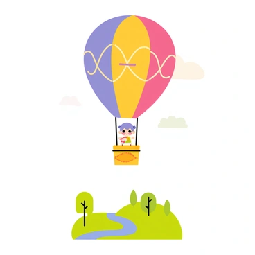 A small figure of "Polly Pocket" sits inside a colorful, tiny hot air balloon. The hot air balloon is adorned with bright patterns and has a small basket. Below, there is a miniature landscape featuring tiny trees, a winding river, and small hills. The sky is clear with a few fluffy clouds, and the entire scene is vibrant and playful, showcasing the whimsical world of Polly Pocket.