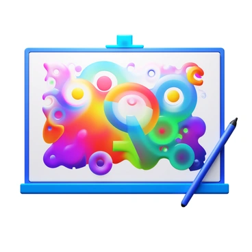 A large digital canvas displaying vibrant and intricate artwork in progress. The canvas features a variety of colors blending together, creating a rich tapestry of shapes and patterns. Visible brush strokes and tool selections indicate active editing. Elements like swirling designs, geometric shapes, and detailed illustrations are in various stages of completion. A digital pen rests nearby, hinting at the ongoing creative process.