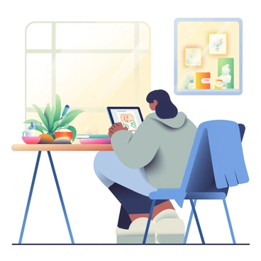 A student with dark hair is sitting at a wooden table, focused on creating a digital illustration on a tablet. They are wearing a comfortable grey hoodie and have a set of colored markers scattered around them. A soft, plush blue blanket is draped over the back of a nearby chair. The room is illuminated by warm, natural light coming from a large window, and there are green plants on the windowsill. A cup of steaming coffee is placed beside the tablet, and a sketchbook filled with drawings is open on the table. The walls are decorated with framed artwork, adding to the cozy atmosphere.