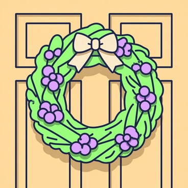 A decorative wreath made from elderberry branches is hanging on a door. The wreath is composed of numerous green branches intertwined with clusters of purple elderberries. The door is wooden with a natural finish, adding warmth to the scene. The wreath is circular in shape, with the elderberry branches extending outward, creating a lush appearance. A small burlap bow is attached at the top of the wreath, enhancing its decorative appeal. Light casts subtle shadows around the wreath, emphasizing its texture and details.