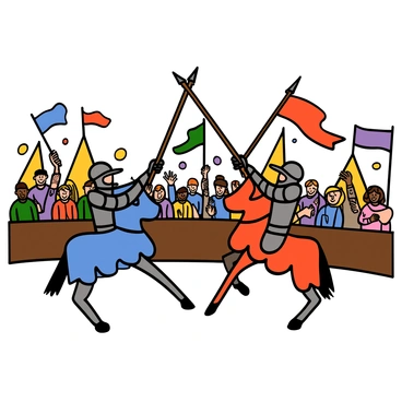 Two armored knights are jousting in a lively medieval tournament. One knight is wearing blue armor, while the other knight is clad in red armor. Each knight holds a lance, aimed at their opponent. The surrounding crowd is animated, with men and women of various ages cheering and waving colorful flags. Some spectators are standing, while others are seated, all displaying expressions of excitement and enthusiasm for the competition. The tournament setting includes banners hanging from the arena and tents in the background, contributing to the festive atmosphere.