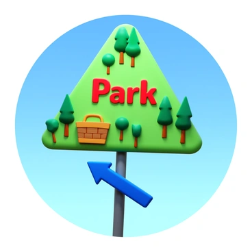 A quirky road sign shaped like a trapezoid. The sign features vibrant colors, prominently displaying the word "Park" in large, bold letters. It is adorned with playful illustrations of trees and a picnic basket. The sign points in the direction of the park with an arrow at the bottom, indicating the way. The background is a clear blue sky, enhancing the cheerful theme of the sign.