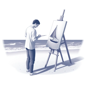 An artist is standing on a sandy beach, focused intently on a canvas set up on an easel. The artist is holding a paintbrush in one hand while the other hand rests on the side of the canvas for support. In the foreground, the canvas depicts a dynamic scene of a sailing boat gliding over calm waters, with the sail fully expanded, capturing the essence of movement. The background features gentle waves lapping at the shore, and the distant horizon is marked by a clear sky, emphasizing the tranquil atmosphere of the seaside setting.