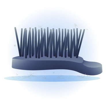 A close-up view of a hairbrush with long, black bristles that are standing out prominently. The bristles are sharply defined and are actively attracting small bits of dust and lint around them. Each bristle has a slight sheen, and the hairbrush itself has a dark wooden handle. The background features a soft, blurred gradient that enhances the focus on the hairbrush and the dust particles clustered around the bristles. The tiny dust particles are illuminated, creating a shimmering effect as they catch the light.