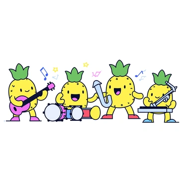 A band of animated pineapples playing different musical instruments on stage