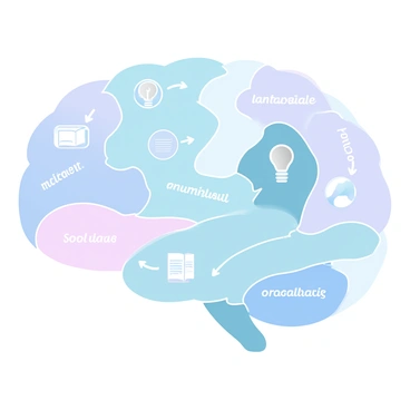 An illustration depicting a map-like representation of cognitive functions across various brain regions. The brain is divided into distinct areas, each labeled with terms related to cognitive functions such as "memory," "language," and "problem-solving." These regions are filled with gradient pastel colors, with softer tones blending seamlessly into each other. Arrows connect different brain regions, indicating the interplay between functions. Stylized icons represent various cognitive processes, such as a lightbulb for creativity and a book for knowledge. The overall composition is organized to guide the viewer's eye across the brain's landscape.
