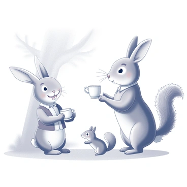 A rabbit dressed in a waistcoat stands upright, holding a delicate tea cup with both paws. Its expression is animated as it engages in conversation. In front of the rabbit is a squirrel, visibly surprised, with wide eyes and raised eyebrows. The squirrel is perched on a branch, its bushy tail curled around it. The setting includes a tree in the background, with textured bark and leaves, creating an inviting atmosphere for this whimsical interaction.