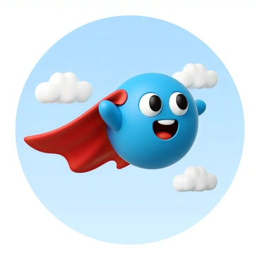 An anion, depicted as a small, cartoonish character with a round body and a bright blue color. It has large, expressive eyes and a wide, big grin showing its cheerful demeanor. The anion is wearing a red superhero cape that flows dramatically behind it as it flies through the air. Its tiny arms are extended, giving the impression of soaring with confidence. The background features a clear blue sky with a few fluffy white clouds, emphasizing the sense of flight and adventure.