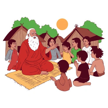An elderly man with a long white beard is sitting on a woven mat in the center of a traditional village. He is wearing a bright red robe adorned with intricate patterns. Surrounding him are several younger villagers, both men and women, attentively listening, with expressions of curiosity and respect on their faces. The backdrop features simple wooden huts with thatched roofs and lush green trees, creating a sense of community. The elder is raising one hand as if emphasizing a point, while an orange sunset casts a warm glow over the scene.